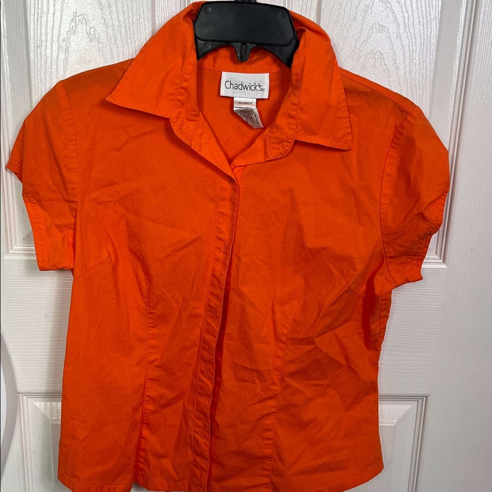 Chadwicks Bright Orange Button Front Blouse Short Sleeve Collared Top Summer M